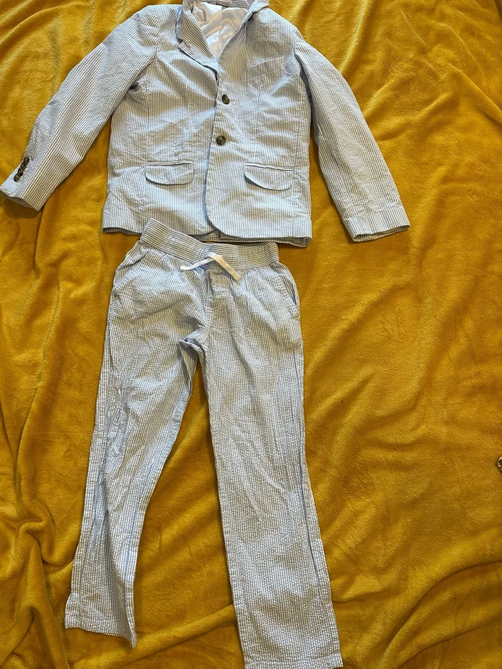 Cat & Jack Boys Seersucker Suit Set Blazer & Pants Light Blue White Size 7